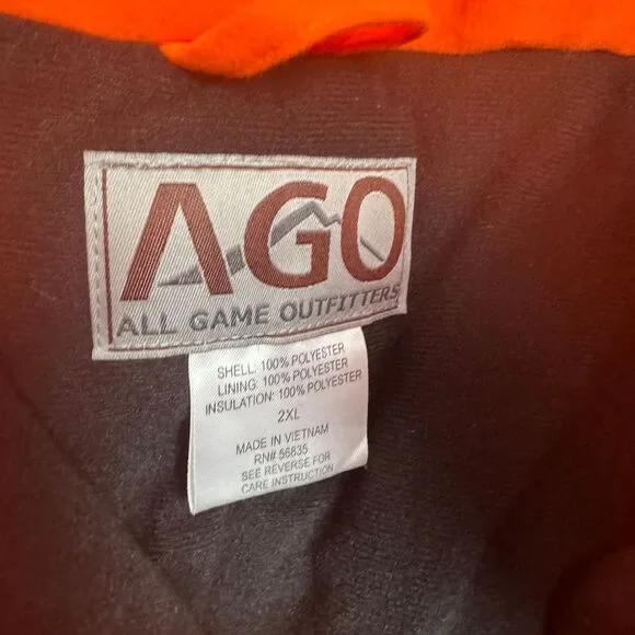 Cabelas XXL All Game Outfitters Ago Blaze Orange Insulated Hooded Hunting Jacket